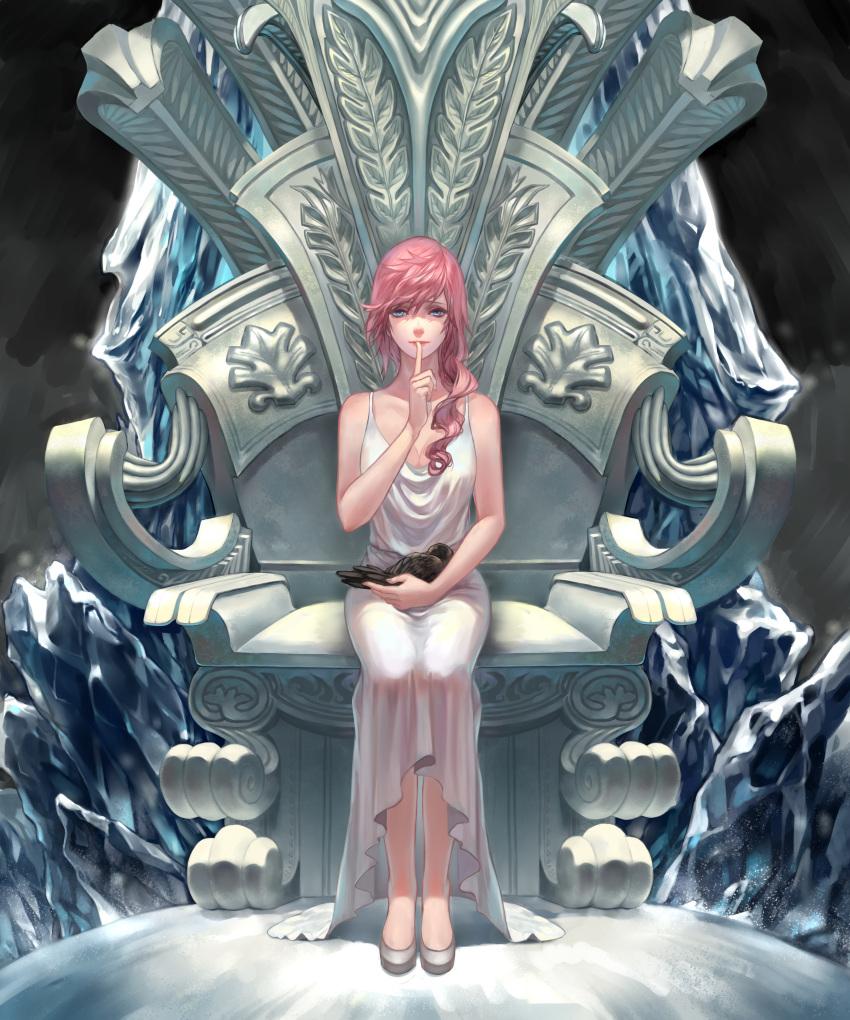 1girl absurdres animal bird blue_eyes breasts cleavage closed_mouth dress final_fantasy final_fantasy_xiii finger_to_mouth full_body highres lightning_farron long_hair looking_at_viewer medium_breasts pink_hair relear resized revision shoes sitting sleeveless sleeveless_dress spaghetti_strap throne white_dress white_shoes