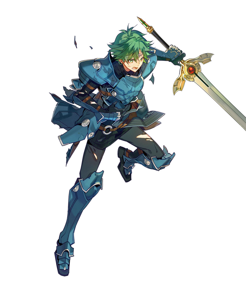 1boy alm_(fire_emblem) arai_teruko armor armored_boots boots fire_emblem fire_emblem_echoes:_mou_hitori_no_eiyuuou fire_emblem_heroes full_body gloves green_eyes green_hair headband highres injury male_focus official_art open_mouth simple_background solo sword teeth torn_clothes weapon white_background