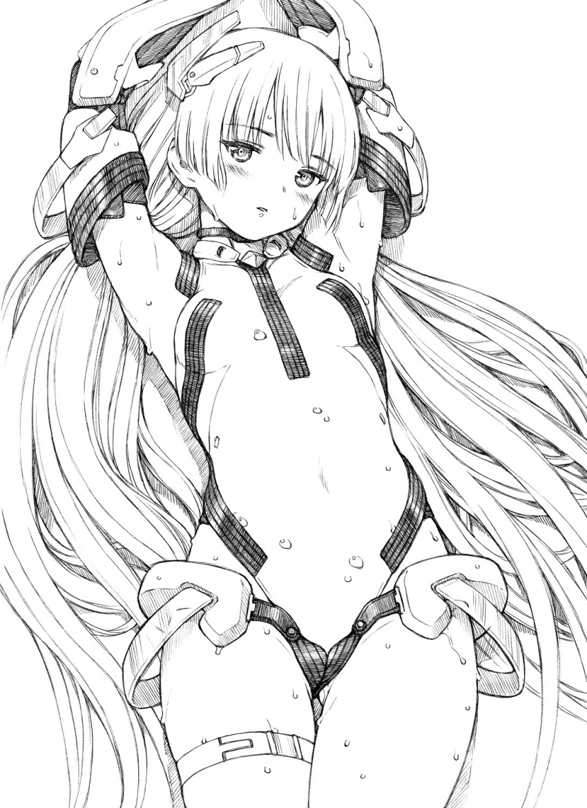 1girl alternate_breast_size angela_balzac armpits arms_up bare_shoulders breasts covered_navel elbow_gloves gloves headgear highres leotard long_hair monochrome rakuen_tsuihou small_breasts solo traditional_media twintails wet yug