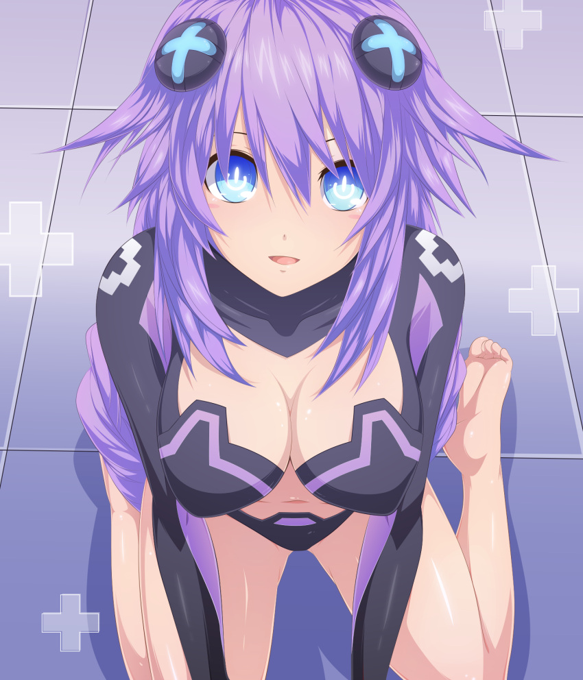 1girl blue_eyes braid breasts choujigen_game_neptune cleavage d-pad hair_ornament highres leotard long_hair looking_at_viewer medium_breasts navel neptune_(choujigen_game_neptune) neptune_(series) open_mouth purple_hair purple_heart sitting smile solo symbol-shaped_pupils twin_braids very_long_hair