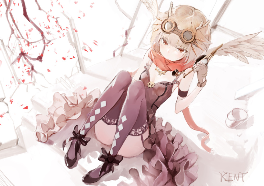 1girl absurdres armlet artist_name bare_shoulders black_legwear blonde_hair blush breasts brown_eyes bucket character_request cleavage dress fingerless_gloves frills garter_straps gloves goggles highres horns kentllaall scarf short_hair sitting small_breasts solo thigh-highs tree