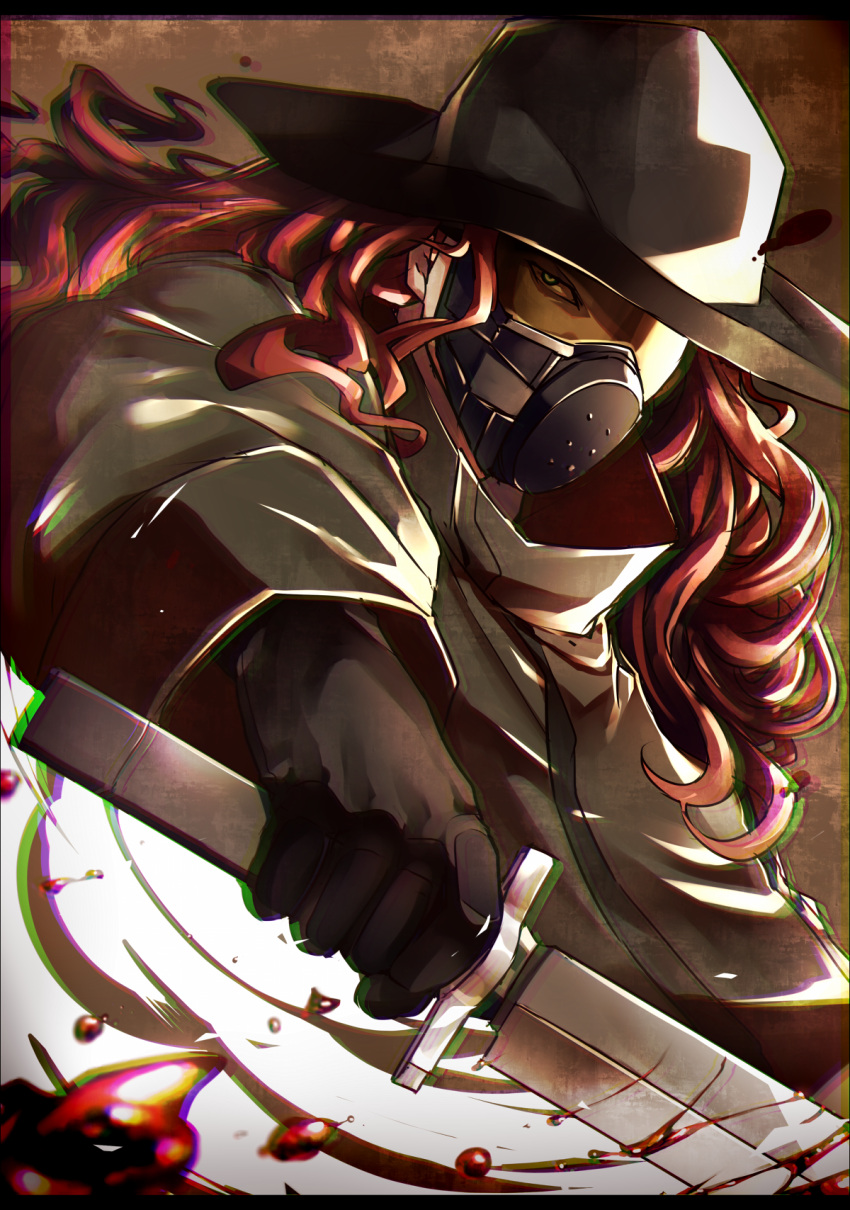 1boy blood curly_hair dagger gloves green_eyes hat highres hiyama_takao long_hair male_focus mask mirai_nikki portrait redhead solo uguisu_(ryu) weapon