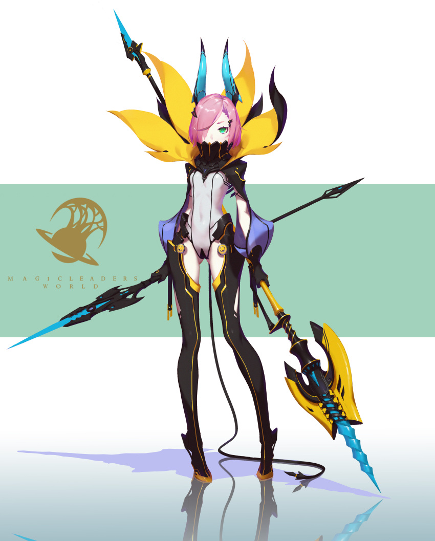 1girl absurdres bangs bodysuit cable copyright_name dual_wielding flat_chest full_body gluteal_fold green_eyes hair_ornament hair_over_one_eye hairclip high_collar highres horns pink_hair polearm puffy_sleeves q9q short_hair solo spear swept_bangs weapon
