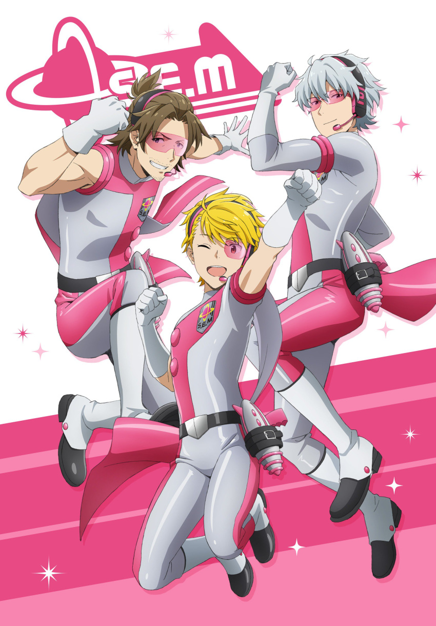 3boys ;) absurdres blonde_hair boots brown_hair clenched_hand clenched_hands energy_gun facial_hair full_body glasses gloves goatee grin hazama_michio headset highres idol idolmaster idolmaster_side-m looking_at_viewer maita_rui male_focus multiple_boys official_art one_eye_closed ray_gun s.e.m silver_hair sleeveless smile stubble weapon white_gloves yamashita_jirou