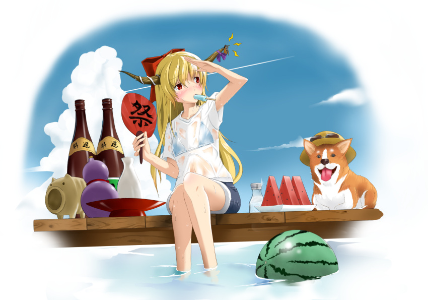 1girl alternate_costume bare_legs bikini bikini_top blonde_hair blue_bikini bottle bow cicada clouds condensation_trail cup day dog fan flat_chest food fruit gourd hair_bow hand_on_own_face horn_ribbon horns hot ibuki_suika koakuma_juno long_hair looking_away mouth_hold oni outdoors paper_fan popsicle red_eyes ribbon sakazuki shirt short_sleeves shorts sitting soaking_feet solo sweat swimsuit t-shirt touhou uchiwa very_long_hair watermelon wet wet_clothes wet_shirt white_shirt