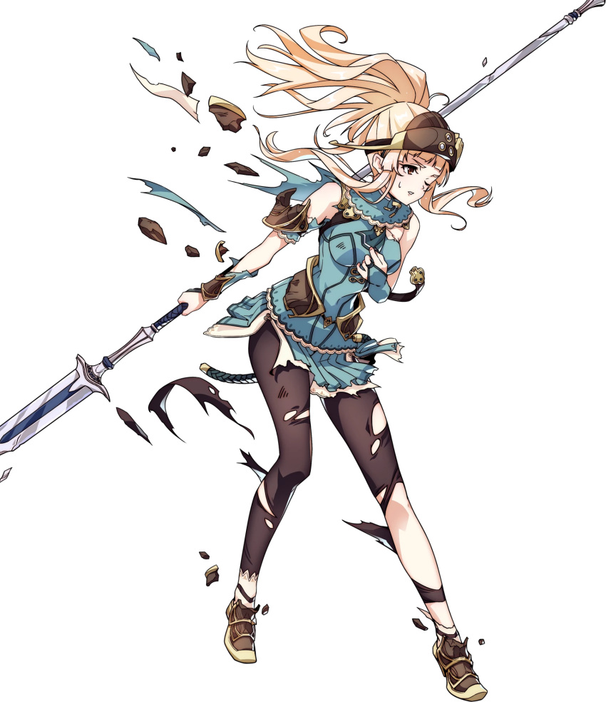 1girl arm_guards armor artist_request bare_shoulders blonde_hair bridal_gauntlets broken broken_armor broken_weapon brown_eyes clair_(fire_emblem) dress fire_emblem fire_emblem_echoes:_mou_hitori_no_eiyuuou fire_emblem_gaiden fire_emblem_heroes full_body hand_on_own_chest helmet highres holding holding_weapon leggings long_hair official_art one_eye_closed pantyhose polearm ponytail shoes short_dress shoulder_armor smile solo spear torn_clothes transparent_background weapon