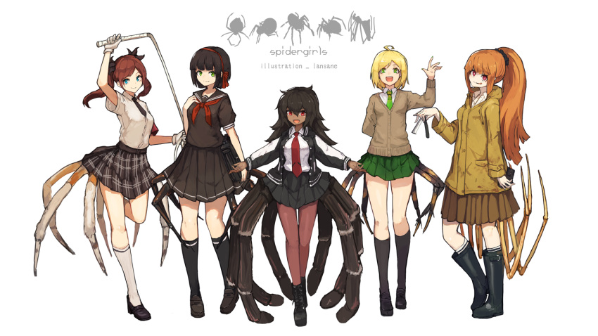 5girls :d ahoge arm_behind_back artist_name bangs black_hair blonde_hair blue_eyes blunt_bangs boots breasts brown_hair cardigan comic commentary_request dark_skin english fangs green_eyes hair_between_eyes hair_ornament hair_ribbon hair_scrunchie hairband hand_on_own_chest hand_up highres holding_whip insect_girl jacket kneehighs lansane long_hair long_sleeves looking_at_viewer medium_breasts multiple_girls neckerchief necktie open_mouth orange_hair original outstretched_arms personification pleated_skirt ponytail razor red_eyes redhead ribbon school_uniform scrunchie serafuku shoes short_hair short_sleeves skirt small_breasts smile spider spider_girl spider_legs spread_arms tongue tongue_out twintails uniform whip white_background