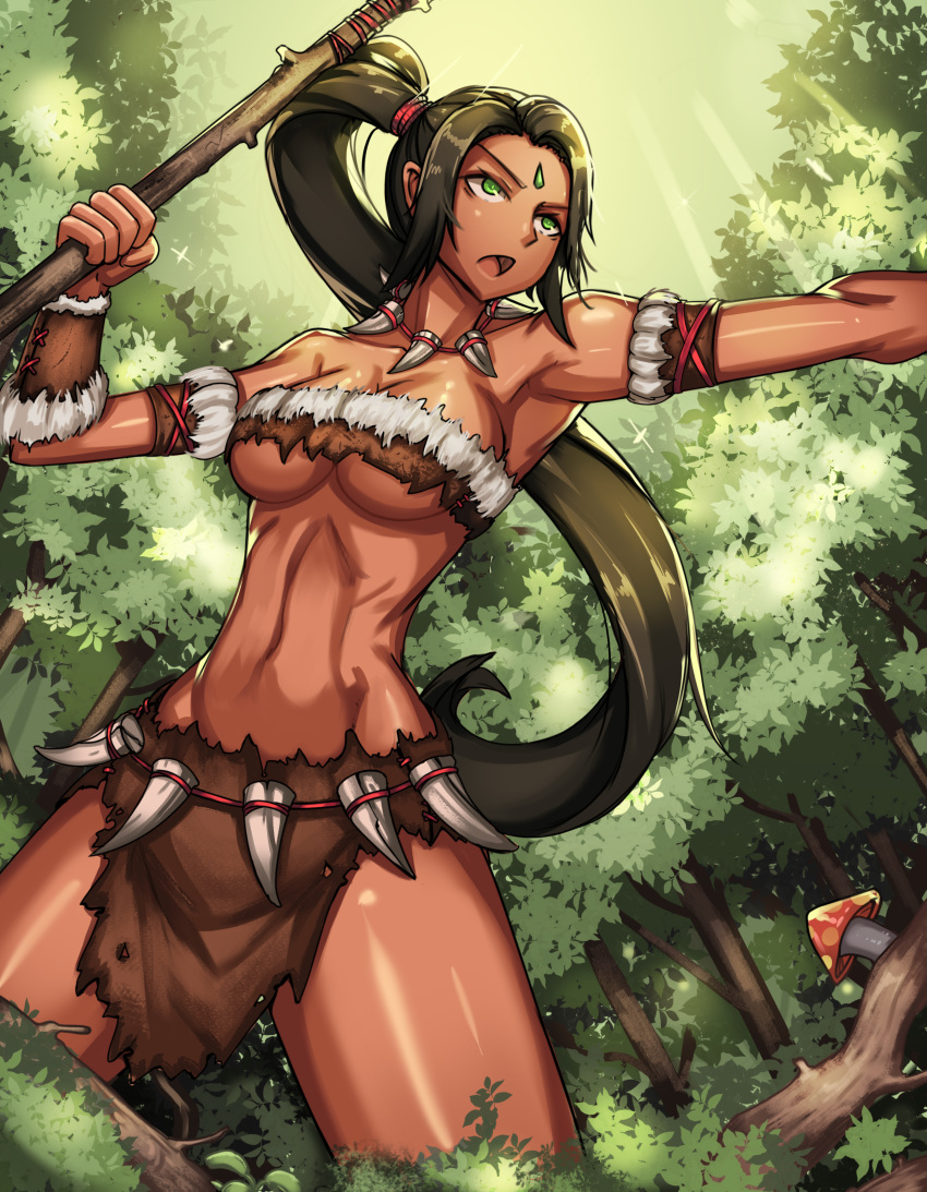 &gt;:o 1girl :o absurdres armpits bare_shoulders black_hair breasts cleavage clyde_s cowboy_shot dark_skin day facial_mark forest green_eyes highres large_breasts league_of_legends loincloth long_hair looking_away mushroom nature navel nidalee open_mouth ponytail revealing_clothes solo tree tribal very_long_hair