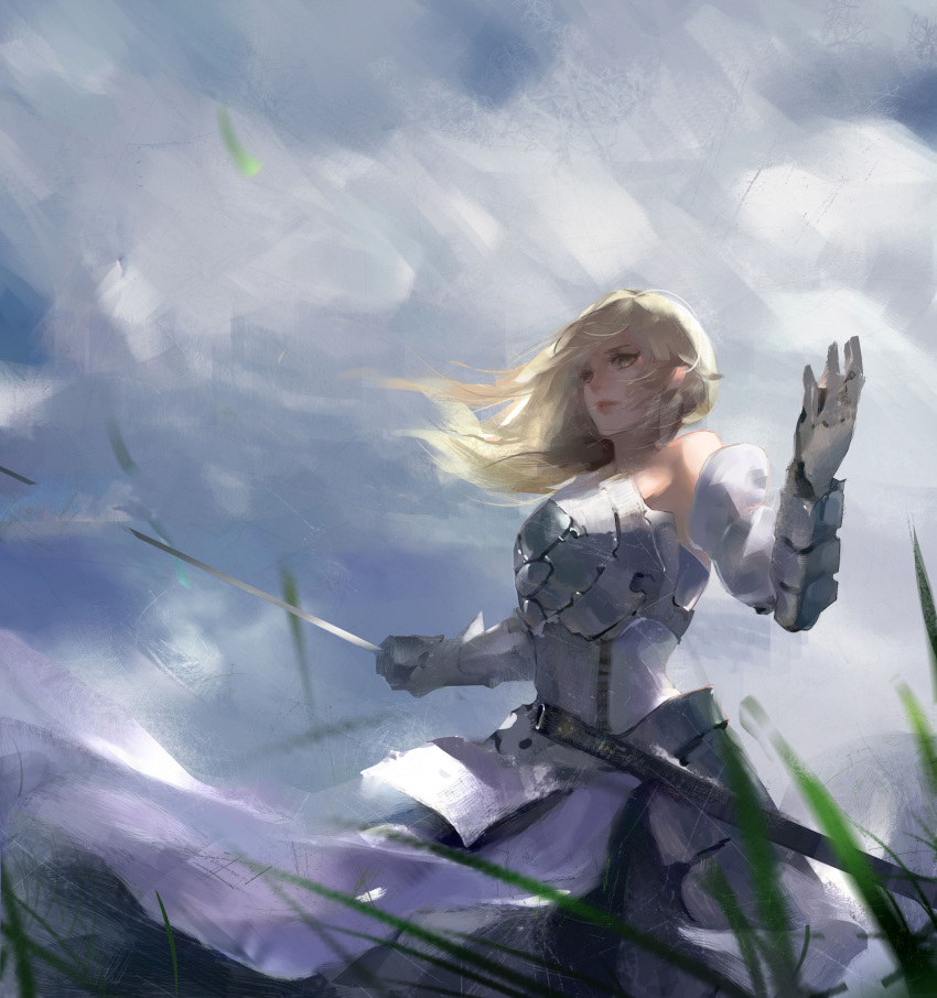 1girl absurdres aenrs armor bare_shoulders blonde_hair clouds cloudy_sky detached_sleeves fate/unlimited_codes fate_(series) gauntlets grass green_eyes highres lips long_hair looking_at_viewer saber saber_lily sheath sky solo sword weapon wind