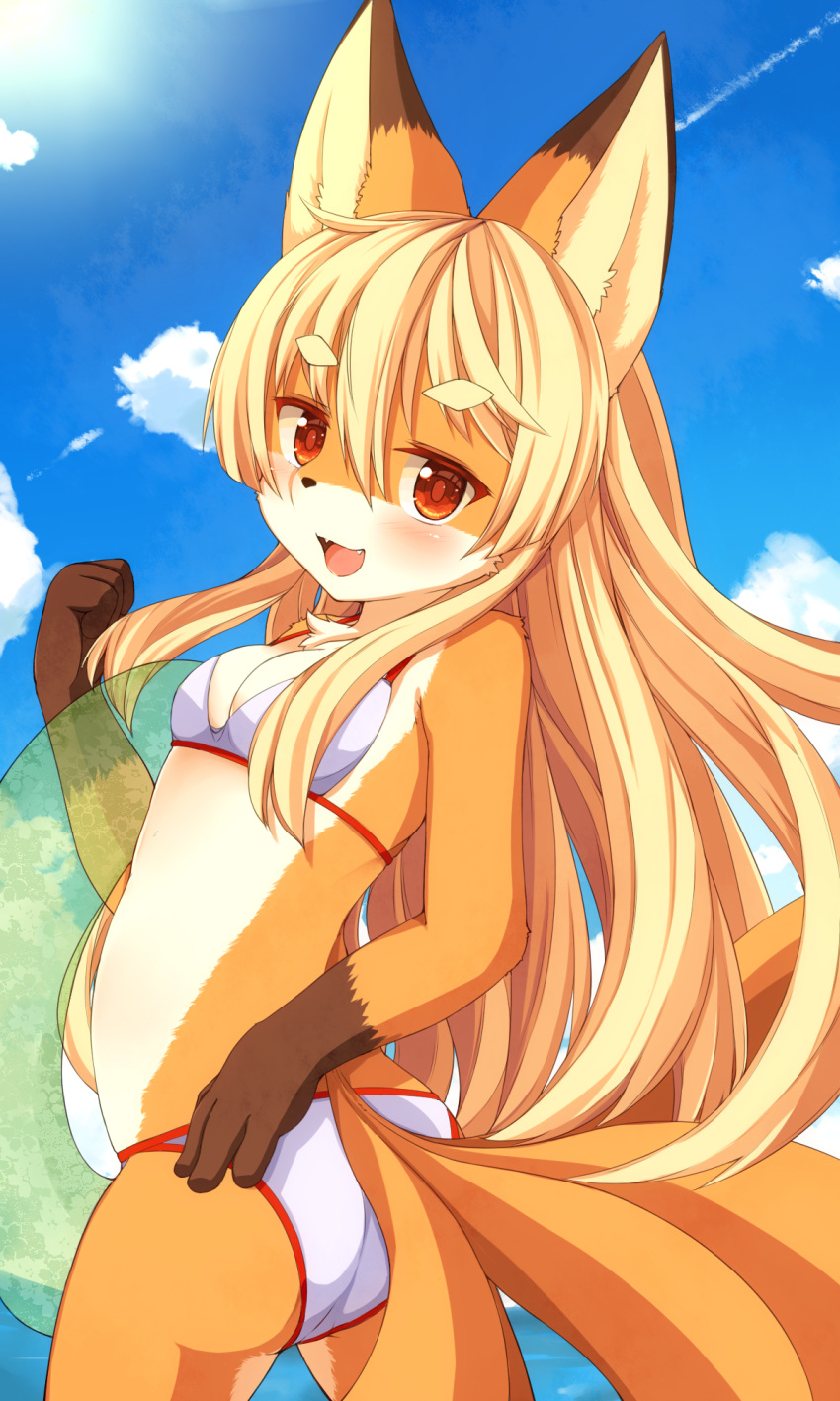 1girl :d ass bare_arms bare_shoulders blonde_hair blush breasts cleavage condensation_trail cowboy_shot day eyebrows eyebrows_visible_through_hair fangs from_behind furry hair_between_eyes hand_on_hip highres holding innertube kida_kuro_mu long_hair looking_at_viewer looking_back multiple_tails ocean open_mouth original red_eyes revision small_breasts smile solo standing summer sunlight tail teeth thick_eyebrows transparent very_long_hair water