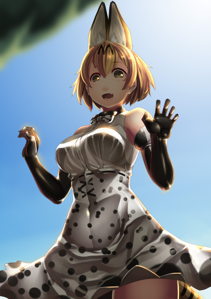 absurdres animal_ears bare_shoulders blonde_hair bow covered_navel elbow_gloves extra_ears from_below gloves hiememiko highres inverted_colors kemono_friends looking_down serval_(kemono_friends) serval_ears serval_print short_hair sky yellow_eyes