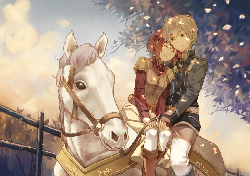 1boy 1girl ^_^ absurdres akagami_no_shirayukihime animal bangs belt boots brooch cheese_kang closed_eyes closed_mouth clouds dappled_sunlight fence grey_eyes hair_between_eyes hetero highres holding horse horseback_riding jewelry knee_boots leaning_on_person leaning_to_the_side long_sleeves looking_at_another pants plant redhead revision riding shirayuki_(akagami_no_shirayukihime) short_hair sidesaddle silver_hair sky smile sunlight tree tree_shade white_pants zen_wistalia
