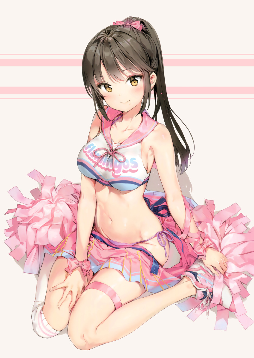 1girl absurdres anmi black_hair bow breasts brown_hair cheerleader crop_top detexted hair_bow hand_on_own_thigh highres large_breasts long_hair looking_at_viewer midriff mole mole_under_mouth navel no_socks original panties pom_poms ponytail purple_panties ribbon sailor_collar scan shiny shiny_skin shoes side-tie_panties single_thighhigh sitting skirt skirt_pull smile sneakers solo thigh-highs thigh_ribbon underwear wariza white_legwear wrist_ribbon yellow_eyes