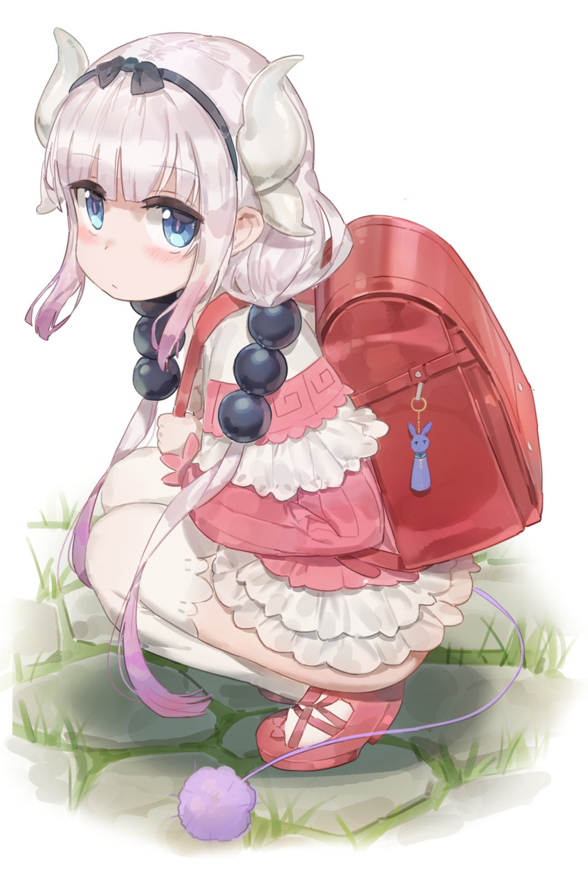 1girl absurdres backpack bag bangs beads bent_knees blue_eyes blunt_bangs blush capelet dragon dragon_girl dragon_horns dress full_body hair_beads hair_ornament highres horns kanna_kamui kobayashi-san_chi_no_maidragon lavender_hair long_hair looking_at_viewer pink_dress randoseru tail thigh-highs twintails western_dragon white_legwear yohan1754