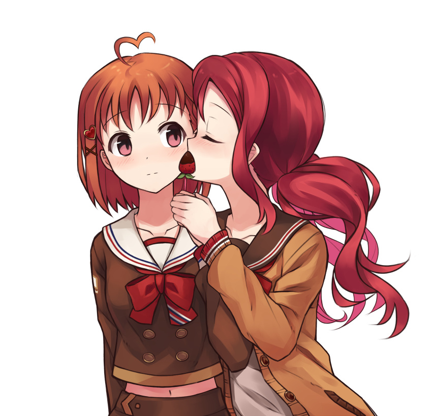 2girls absurdres ahoge blush bow braid cyan_aeolin hair_bow hair_ornament highres looking_at_viewer love_live! love_live!_sunshine!! multiple_girls orange_hair red_eyes redhead sakurauchi_riko school_uniform serafuku short_hair side_braid skirt smile takami_chika uranohoshi_school_uniform yuri