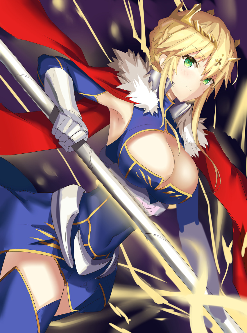 absurdres armor armored_dress artoria_pendragon_lancer_(fate/grand_order) blonde_hair blush c3yooooo cape covered_navel cowboy_shot crown dress energy fate/grand_order fate_(series) fur_trim gloves gradient gradient_background green_eyes highres holding holding_weapon jewelry lance looking_at_viewer mature navel pauldrons polearm saber short_hair short_hair_with_long_locks smile weapon