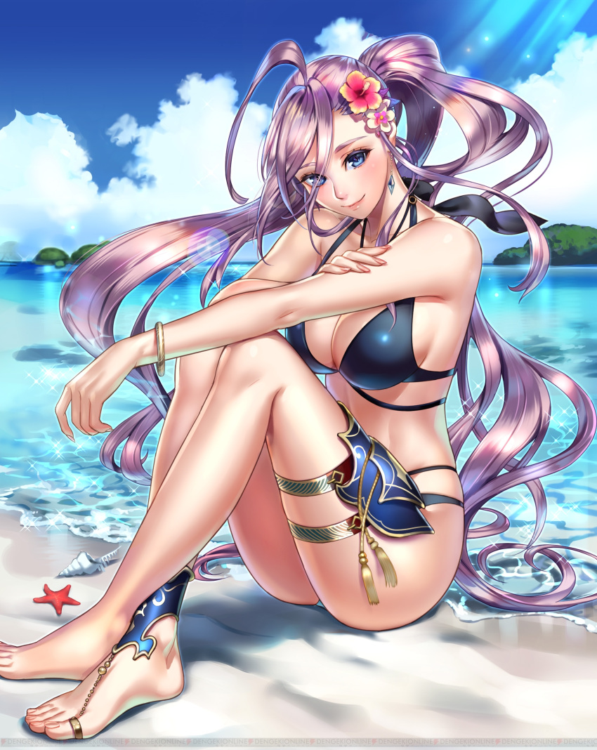 1girl absurdres ahoge anklet armor artist_request barefoot barefoot_sandals beach bikini black_bikini blue_eyes bracelet breasts cleavage clouds day earrings feet fingernails flower hair_flower hair_ornament halterneck highres hortensia_saga jewelry large_breasts lens_flare long_fingernails long_hair looking_at_viewer multi-strapped_bikini official_art outdoors ponytail purple_hair shell sitting skindentation sky smile solo starfish sunlight swimsuit thighlet toe_ring toes very_long_hair watermark