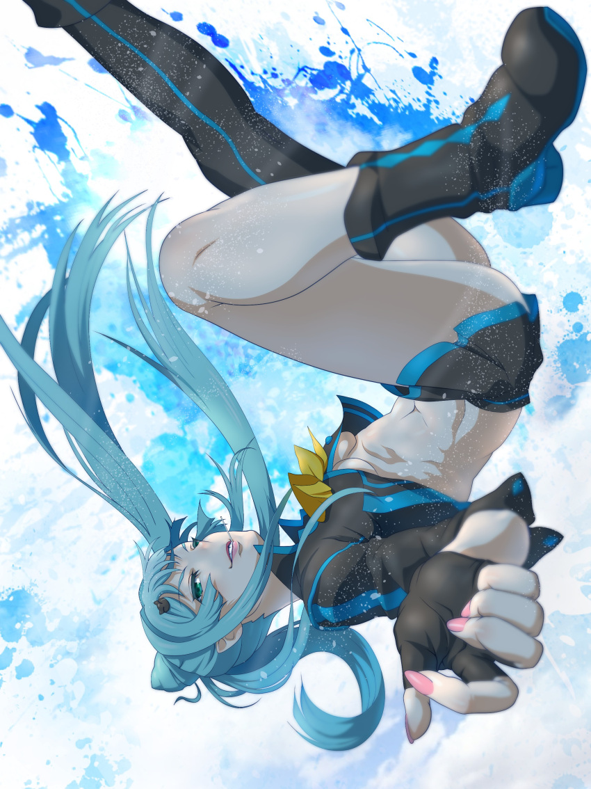 1girl abs abstract_background absurdres asymmetrical_legwear blue_eyes blue_hair blurry boots breasts cat_hair_ornament character_request depth_of_field double_bun falling fingerless_gloves fingernails foreshortening gloves grin hair_ornament highres kouba_nobu legs lips long_hair medium_breasts miniskirt nail_polish pink_nails reaching_out sidelocks single_thighhigh skirt smile solo thigh-highs thighs under_boob valkyrie_drive