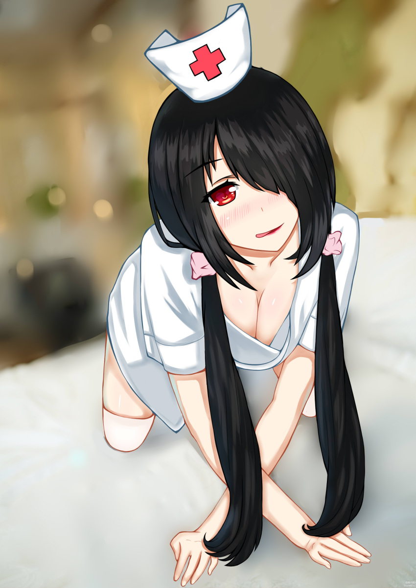 1girl :q absurdres all_fours alternate_costume bed_sheet black_hair blush breasts cleavage date_a_live dress dylannn eyebrows_visible_through_hair hair_ornament hair_over_one_eye hair_scrunchie hat highres indoors large_breasts licking_lips lips long_hair looking_at_viewer low_twintails naughty_face nurse nurse_cap on_bed one_eye_covered pink_lips red red_eyes scrunchie short_dress short_sleeves sidelocks solo thigh-highs tokisaki_kurumi tongue tongue_out twintails white_dress white_legwear