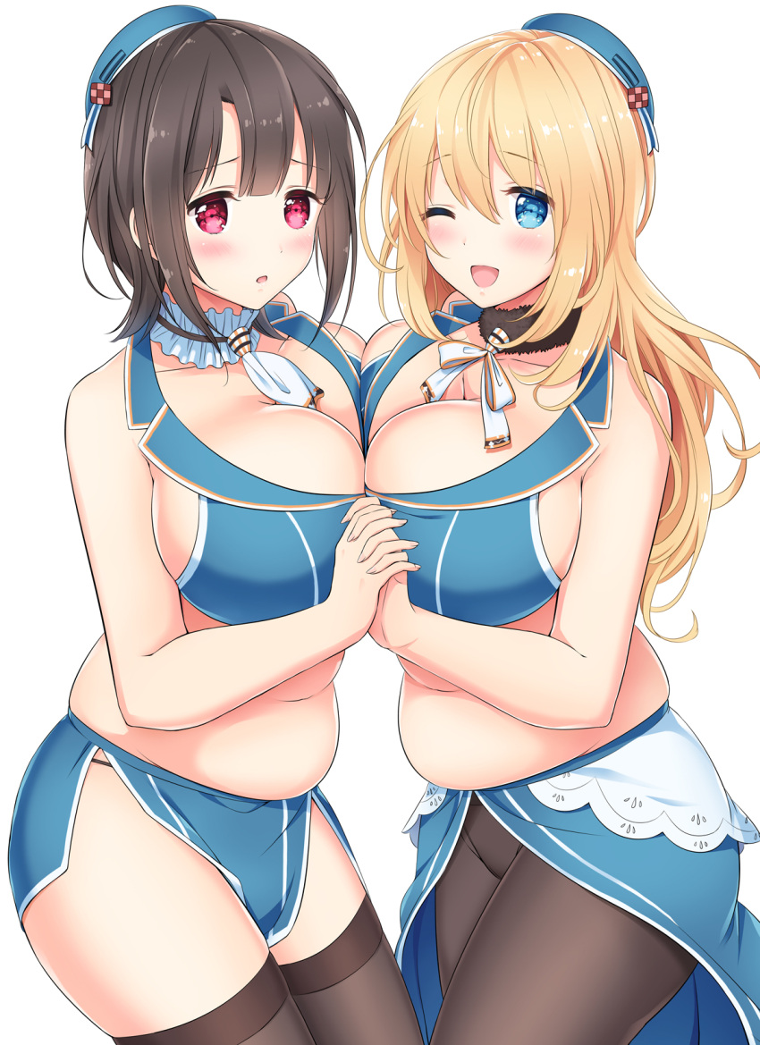 2girls adapted_costume atago_(kantai_collection) bare_arms bare_shoulders black_hair black_legwear blonde_hair blue_eyes blush breast_press breasts cleavage crop_top embarrassed from_side hand_holding highres huge_breasts kantai_collection long_hair looking_at_viewer midriff multiple_girls nanairo_fuuka navel one_eye_closed open_mouth pantyhose plump red_eyes short_hair sideboob symmetrical_docking takao_(kantai_collection) thighs