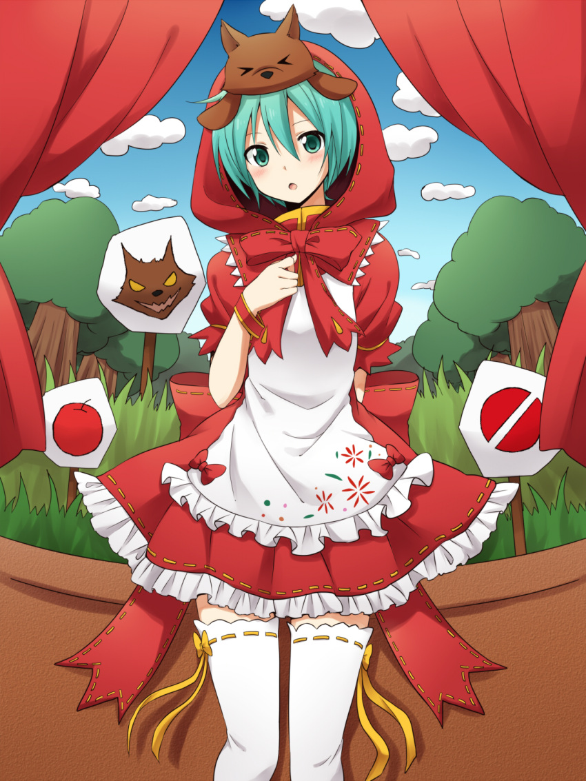 &gt;_&lt; 1girl :o animal animal_on_head apron aqua_eyes aqua_hair arm_behind_back bangs blush bow closed_eyes cosplay cowboy_shot curtains day dress frilled_dress frills grass hair_between_eyes hatsune_miku highres hood little_red_riding_hood little_red_riding_hood_(cosplay) little_red_riding_hood_(grimm) looking_at_viewer mikuzukin_(module) on_head open_mouth project_diva_(series) project_diva_2nd red_dress revision ribbon-trimmed_clothes ribbon-trimmed_headwear ribbon-trimmed_legwear ribbon_trim short_hair short_sleeves sky solo standing sudachi_(calendar) theater thigh-highs tree vocaloid white_legwear wrist_cuffs