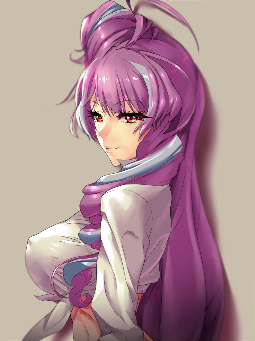 1girl bangs breasts closed_mouth don_(rg06268) drill_hair erect_nipples from_side front-tie_top highres large_breasts long_hair long_sleeves looking_at_viewer looking_to_the_side macross macross_delta mikumo_guynemer multicolored_hair purple_hair red_eyes shirt silver_hair smile solo two-tone_hair upper_body very_long_hair white_shirt
