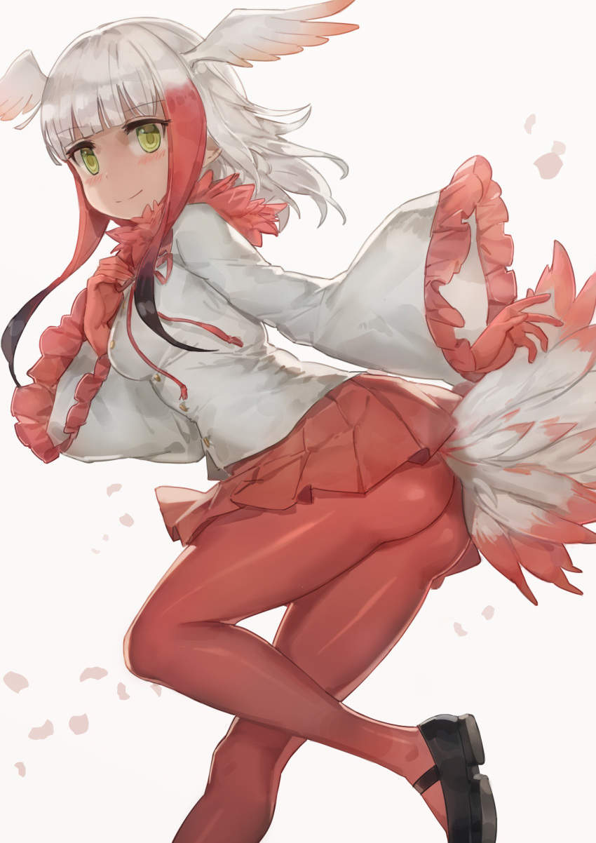 1girl absurdres ass bangs bird_tail black_shoes blunt_bangs blush closed_mouth crested_ibis_(kemono_friends) feather-trimmed_sleeves from_behind gloves head_wings highres kemono_friends long_sleeves looking_at_viewer looking_back mary_janes multicolored_hair pantyhose pleated_skirt red_gloves red_legwear redhead shirt shoes simple_background skirt smile solo tail two-tone_hair white_hair white_shirt yellow_eyes yohan1754