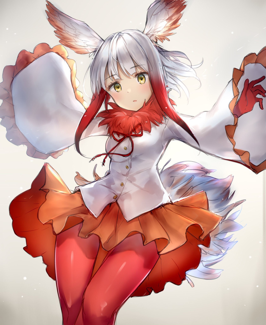 1girl blush breasts coat crested_ibis_(kemono_friends) eyebrows_visible_through_hair frilled_skirt frilled_sleeves frills fur_collar gradient_hair half-closed_eyes highres kemono_friends long_sleeves multicolored_hair open_mouth outstretched_arms pantyhose red_legwear red_ribbon red_skirt redhead ribbon short_hair_with_long_locks simple_background skirt solo spread_arms takeya_y0615 two-tone_hair white_background white_hair wide_sleeves yellow_eyes