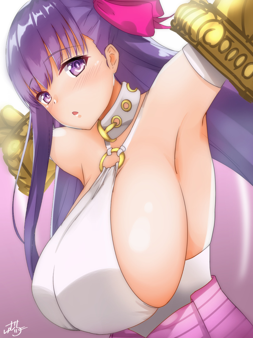 1girl armpits bare_shoulders belt_collar bow breasts elbow_gloves fate/extra fate/extra_ccc fate/grand_order fate_(series) gloves hair_bow highres huge_breasts large_breasts looking_at_viewer o-ring parted_lips passion_lip pink_bow purple_hair ramchi sideboob signature solo violet_eyes white_gloves