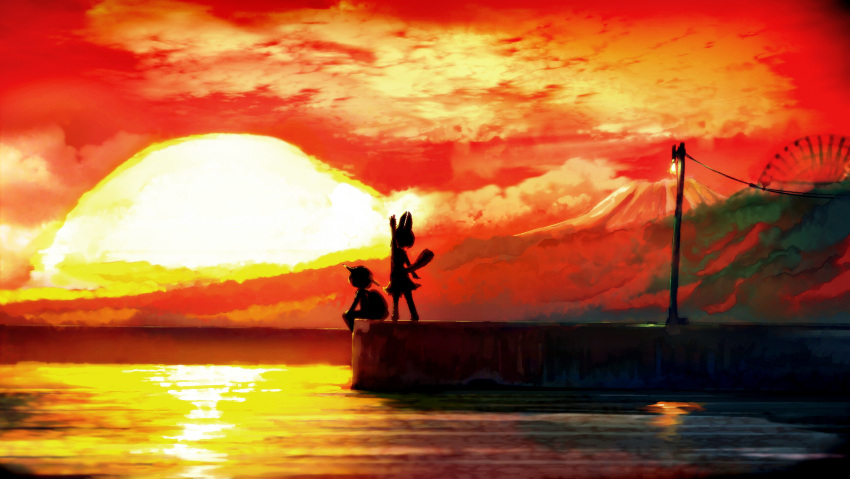 2girls animal_ears clouds ferris_wheel hat highres kaban_(kemono_friends) kemono_friends lamppost mountain multiple_girls outdoors red_sky reflection scenery serval_(kemono_friends) serval_ears serval_tail short_hair silhouette sitting sky sun sunset tail water waving yoshioka_yoshiko