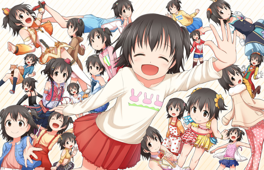 1girl akagi_miria ayami_(ayanoayanosuke) black_hair brown_eyes closed_eyes costume gloves hat idolmaster idolmaster_cinderella_girls idolmaster_cinderella_girls_starlight_stage jacket mini_hat mini_top_hat multiple_persona navel open_mouth outstretched_arm outstretched_hand short_hair skirt star!! starry_sky_bright suspenders tanuki thigh-highs top_hat twintails two_side_up white_gloves