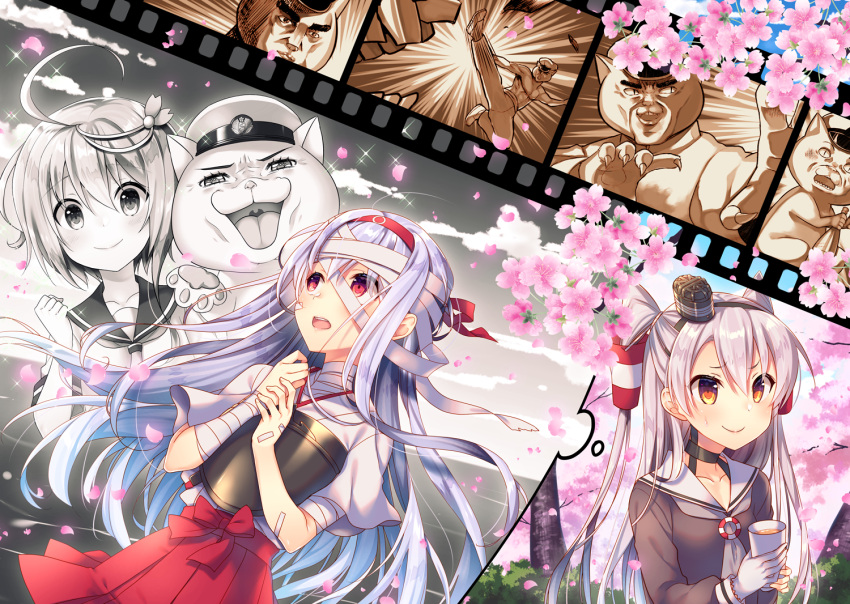 3girls ahoge amatsukaze_(kantai_collection) animal animalization bandage bandage_on_face bandaged_arm blush brown_eyes cat cherry_blossoms choker clothed_animal commentary_request cup dress gloves hair_ornament hair_tubes hairband hakama_skirt hat holding holding_cup i-58_(kantai_collection) imagining japanese_clothes kantai_collection long_hair military military_hat military_uniform multiple_girls muneate naval_uniform neckerchief non-human_admiral_(kantai_collection) open_mouth peaked_cap red_eyes red_skirt sailor_collar sailor_dress school_uniform serafuku short_hair shoukaku_(kantai_collection) silver_hair single_glove skirt smile sweat tahya thought_bubble two_side_up uniform white_gloves white_hair windsock