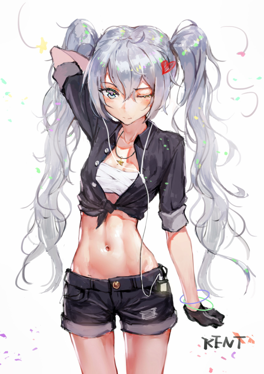 1girl absurdres arm_up artist_name blue_eyes blue_hair bracelet cowboy_shot crop_top digital_media_player earphones earphones front-tie_top gloves hatsune_miku highres jewelry kentllaall long_hair midriff navel necklace one_eye_closed sarashi short_shorts shorts solo twintails vocaloid white_background