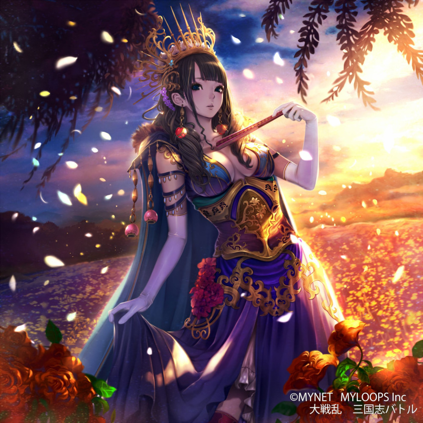 1girl armlet black_hair blue_eyes breasts breasts_apart character_request clouds commentary_request company_name copyright_request crown dress earrings elbow_gloves flower gloves hair_flower hair_ornament hand_fan highres holding holding_fan jewelry large_breasts long_hair official_art outdoors paper_fan parted_lips petals red_flower red_rose rose skirt_hold sky solo standing suke_akurou sun watermark