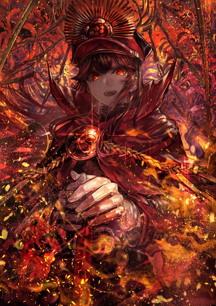 1girl black_clothes black_hair black_hat burning_eyes buttons cape demon_archer fate/grand_order fate_(series) flower gloves hands_on_hilt hat highres koha-ace long_hair long_sleeves looking_at_viewer military military_uniform open_mouth red_cape red_eyes signo_aaa solo sparks spider_lily sword turtleneck uniform weapon white_gloves