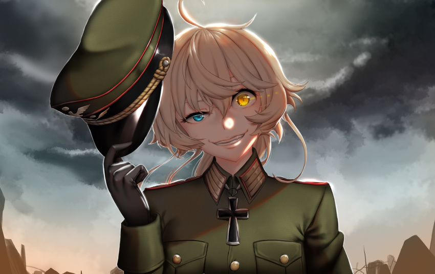 1girl absurdres ahoge black_gloves blonde_hair blue_eyes clouds cloudy_sky commentary_request evil_grin evil_smile fangs gloves glowing glowing_eye grin hair_between_eyes hat hat_removed headwear_removed heterochromia highres holding holding_hat iron_cross long_sleeves looking_at_viewer military military_hat military_uniform ruins shiny short_hair sky smile solo tanya_degurechaff uniform upper_body y.i._(lave2217) yellow_eyes youjo_senki
