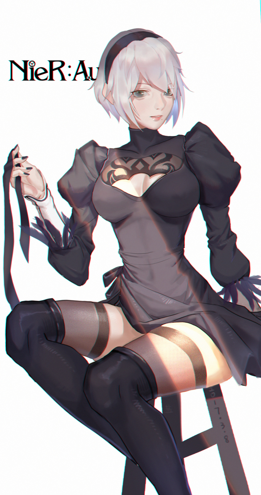 1girl absurdres black_dress black_hairband black_nails breasts chromatic_aberration cleavage cleavage_cutout dress feather-trimmed_sleeves grey_eyes hairband highres lips medium_breasts mole mole_under_mouth nail_polish nier_(series) nier_automata no_blindfold silver_hair sitting solo stool thighhighs_under_boots yan_wei_jiaonang yorha_no._2_type_b