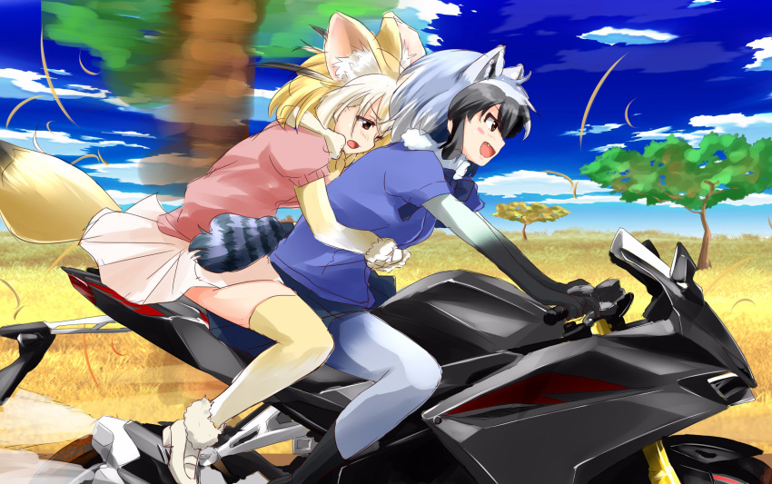 2girls animal_ears black_hair blonde_hair blue_sky blush clouds commentary_request day fang fennec_(kemono_friends) fox_ears fox_tail gradient_hair ground_vehicle highres hug hug_from_behind kemono_friends motor_vehicle motorcycle multicolored_hair multiple_girls open_mouth pantyhose pink_sweater pleated_skirt puffy_short_sleeves puffy_sleeves raccoon_(kemono_friends) raccoon_ears raccoon_tail riding savannah short_hair short_sleeves skirt sky smile suzuki-shi sweater tail thigh-highs tree two-tone_hair white_hair