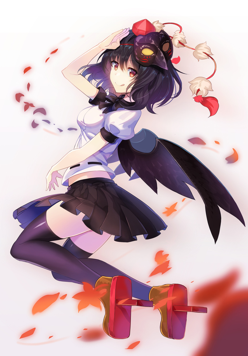 1girl :q bird_mask black_hair black_legwear black_wings commentary_request full_body geta hat highres mask miniskirt motion_blur pleated_skirt pom_pom_(clothes) red_eyes red_shoes revision rin_falcon salute shameimaru_aya shirt shoes short_hair skirt solo tengu-geta thigh-highs tokin_hat tongue tongue_out touhou white_shirt wings