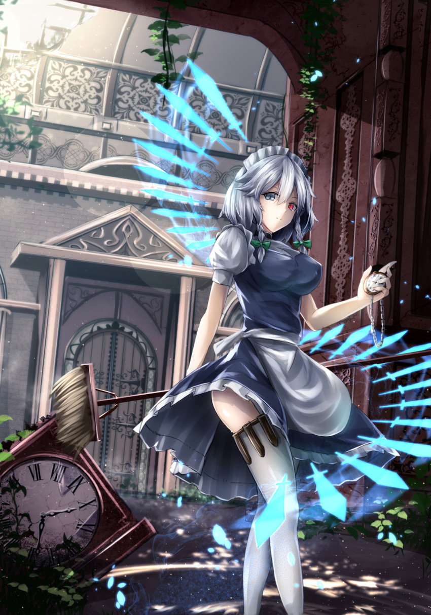 1girl apron blue_dress bow braid breasts closed_mouth cowboy_shot dappled_sunlight day dress gate green_bow grey_eyes hair_between_eyes hair_bow heterochromia highres holster izayoi_sakuya knife large_breasts looking_at_viewer maid maid_headdress plant pocket_watch puffy_short_sleeves puffy_sleeves red_eyes roman_numerals scarlet_devil_mansion short_hair short_sleeves silver_hair sinkai smile solo standing sunlight thigh-highs thigh_holster touhou twin_braids vines waist_apron watch white_legwear
