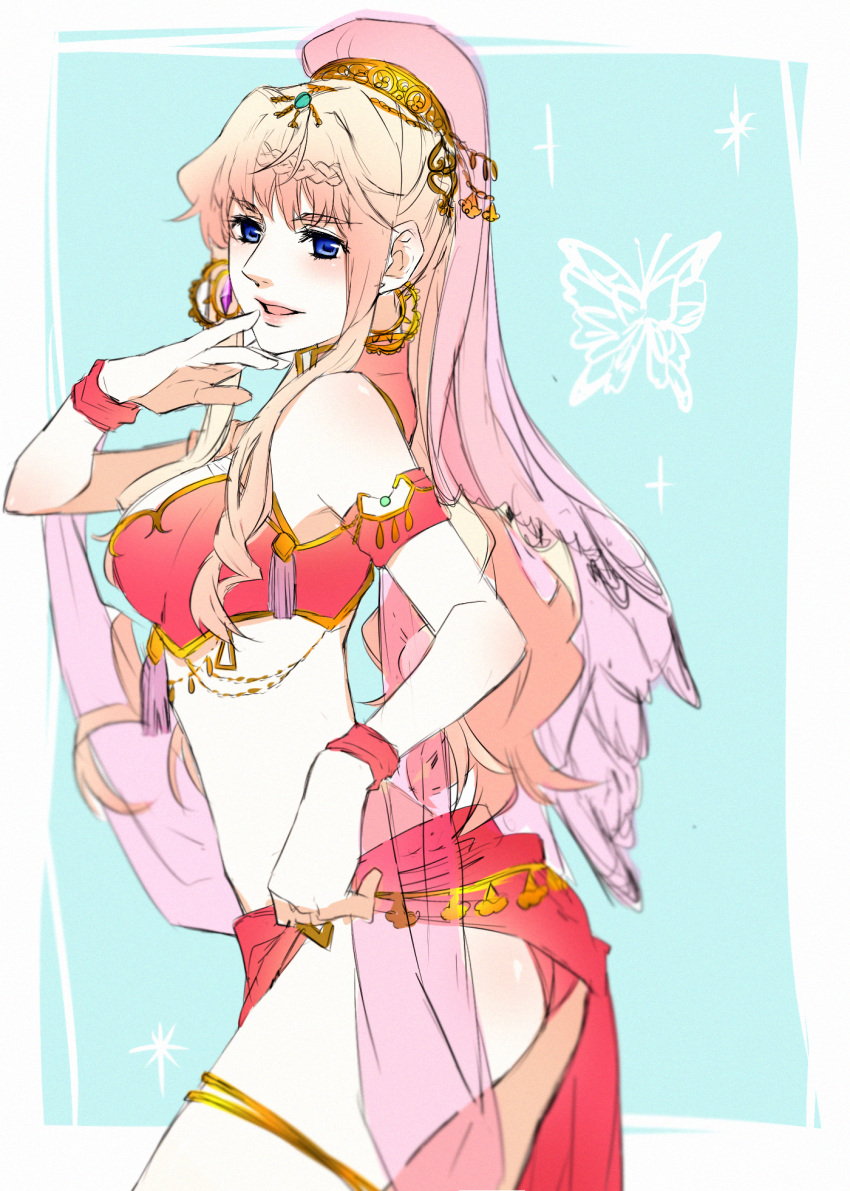 1girl alternate_costume ass belly_dancer blue_eyes breasts chiyomaru dancer genie highres jewelry macross macross_frontier multicolored_hair sheryl_nome two-tone_hair