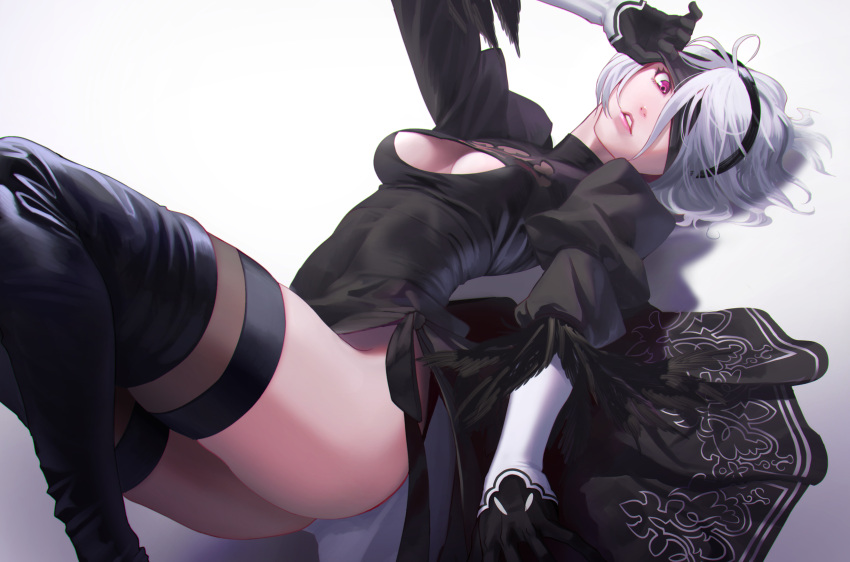 1girl absurdres arched_back arm_support ass blindfold blindfold_lift boots breasts fur_trim gloves highres lips looking_to_the_side lying moruga nier_(series) nier_automata on_back parted_lips pink_eyes puffy_sleeves shadow short_hair silver_hair skindentation solo thigh-highs thigh_boots white_background yorha_no._2_type_b