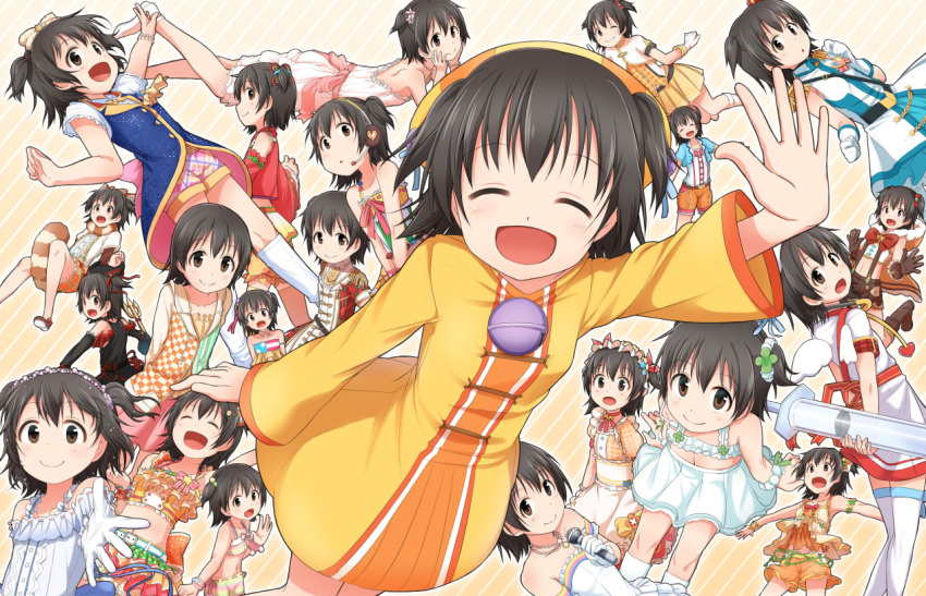 1girl across_the_stars akagi_miria animal_ears ayami_(ayanoayanosuke) black_hair brown_eyes closed_eyes costume crystal_night_party epaulettes gloves hat idolmaster idolmaster_cinderella_girls idolmaster_cinderella_girls_starlight_stage jacket mini_hat mini_top_hat multiple_persona navel nurse_cap open_mouth outstretched_arm outstretched_hand raccoon_ears raccoon_tail short_hair skirt suspenders tail thigh-highs top_hat twintails two_side_up white_gloves