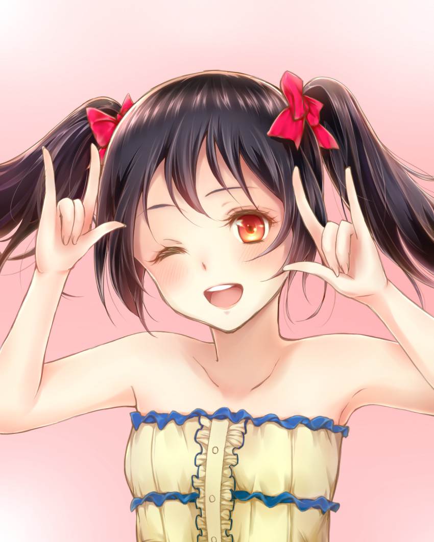 1girl ;d \m/ bare_shoulders black_hair blush bow center_frills collarbone double_\m/ hair_bow hands_up highres looking_at_viewer love_live! love_live!_school_idol_project moai715 nico_nico_nii one_eye_closed open_mouth pink_background red_eyes revision round_teeth short_hair smile solo strapless teeth twintails upper_body yazawa_nico