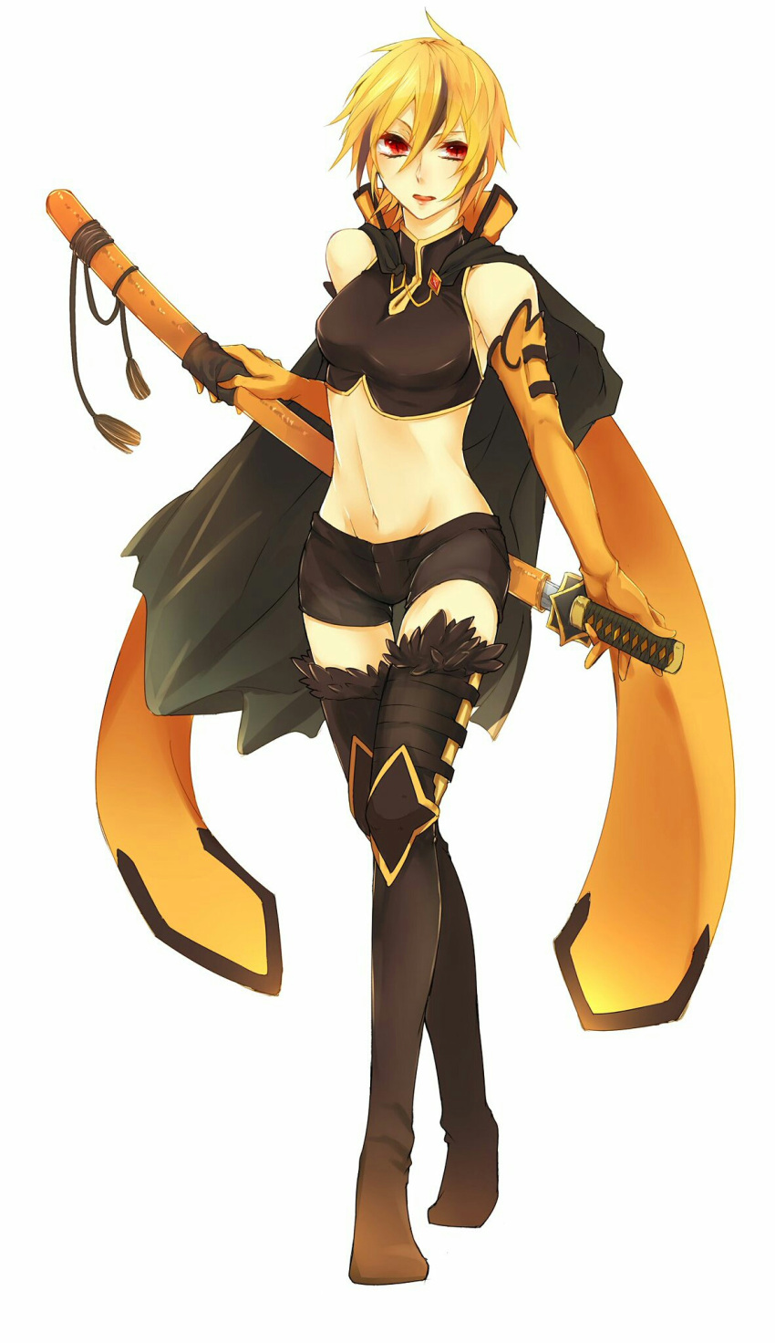 1girl alternate_color bike_shorts black_cape black_legwear black_shorts blonde_hair cape elbow_gloves full_body gloves groin highres katana looking_at_viewer luxray midriff navel open_mouth orange_gloves personification pokemon red_eyes sheath sheathed shiny_pokemon short_hair shorts solo standing sword weapon yuei_(win)