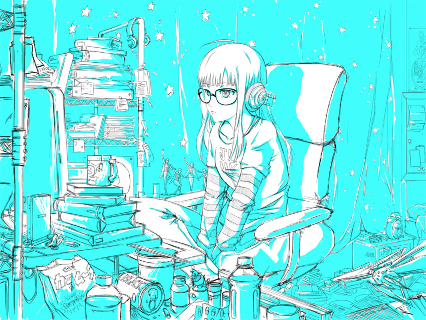 1girl ahoge alarm_clock animated animated_gif atelier_gokujou blinking book can chair chopsticks clock cup curtains glasses headphones indian_style indoors jack_frost jacket long_hair monitor monochrome mug open_mouth outstretched_arm persona persona_5 ramen router sakura_futaba sitting sketch solo star striped yawning