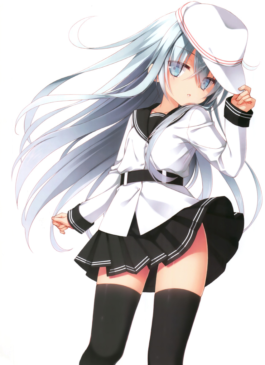 1girl absurdres black_legwear black_skirt blue_eyes blue_hair collarbone eyebrows_visible_through_hair floating_hair hair_between_eyes hat hibiki_(kantai_collection) highres kantai_collection long_hair looking_at_viewer miniskirt muririn parted_lips pleated_skirt school_uniform serafuku simple_background skirt solo standing thigh-highs verniy_(kantai_collection) very_long_hair white_background white_hat zettai_ryouiki