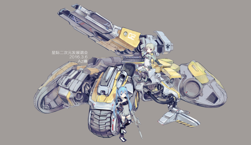 2girls absurdres antennae aqua_hair blue_eyes character_request chinese covered_navel dated grey_background ground_vehicle gun hatsune_miku highres leotard long_hair military military_vehicle motor_vehicle multiple_girls short_hair siege_tank starcraft strapless strapless_leotard tank thigh-highs translation_request twintails vocaloid weapon zhongye_yu