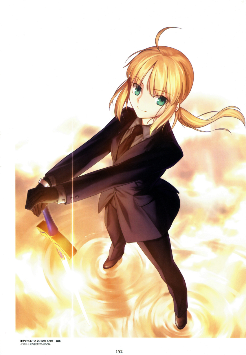 absurdres black_shoes blonde_hair excalibur fate/zero fate_(series) formal full_body green_eyes highres looking_at_viewer necktie official_art planted_sword planted_weapon ponytail saber shoes smile solo suit sword weapon