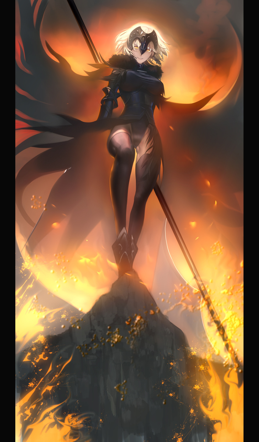 1girl absurdres armor armored_boots black_cape black_clothes black_legwear black_leotard black_skirt blonde_hair boots breasts burning cape commentary_request fate/grand_order fate_(series) fire flag fur-trimmed_cape fur_trim headpiece highleg highleg_leotard highres jeanne_alter large_breasts leotard leotard_shot leotard_under_clothes long_skirt looking_at_viewer parted_lips pillarboxed rock ruler_(fate/apocrypha) shirt short_hair skirt smile solo sparks standing taut_clothes taut_shirt thigh-highs thighs tight tight_shirt tsukimoto_aoi wind yellow_eyes